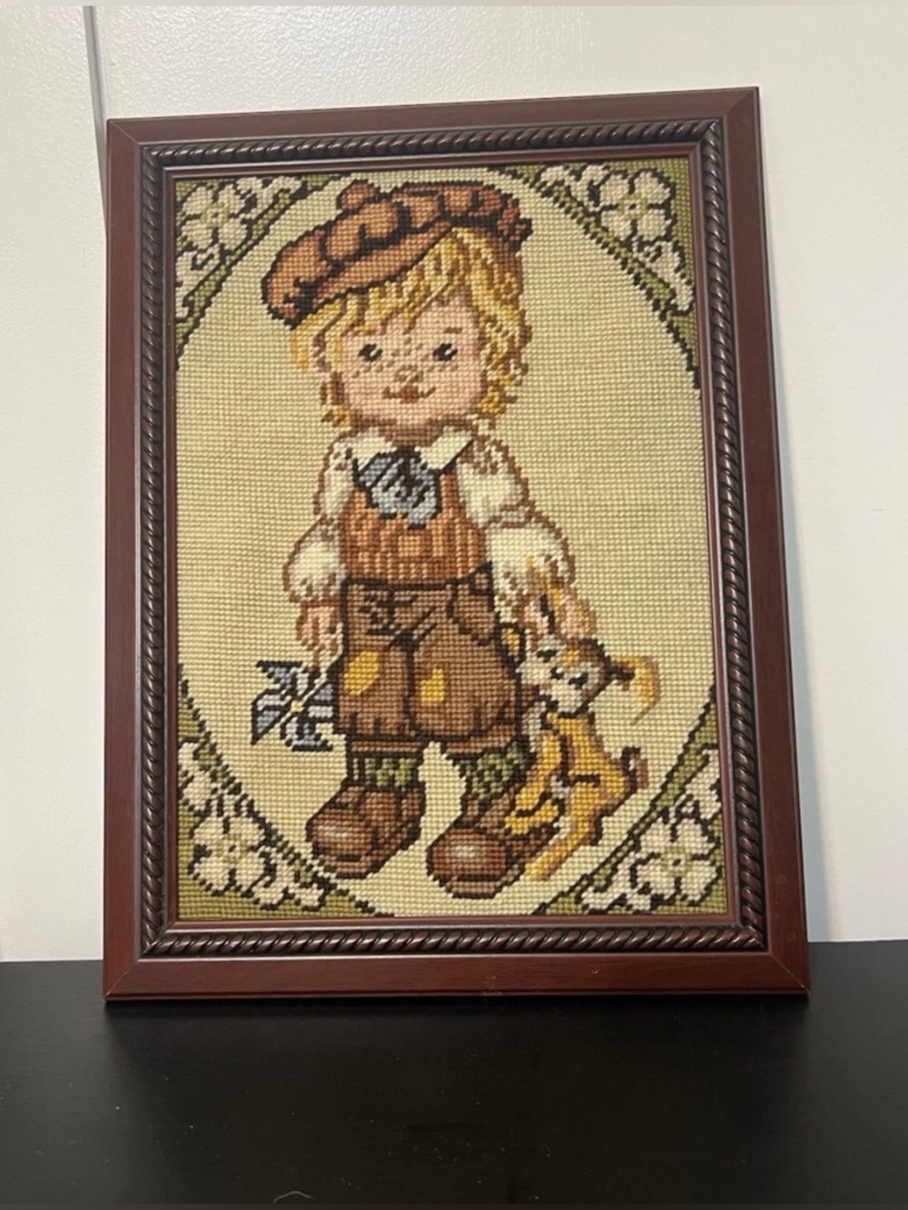 VTG Framed Needlepoint Boy w Dog 16x12 Rico Gobelin Cottagecore Wall Art Nursery